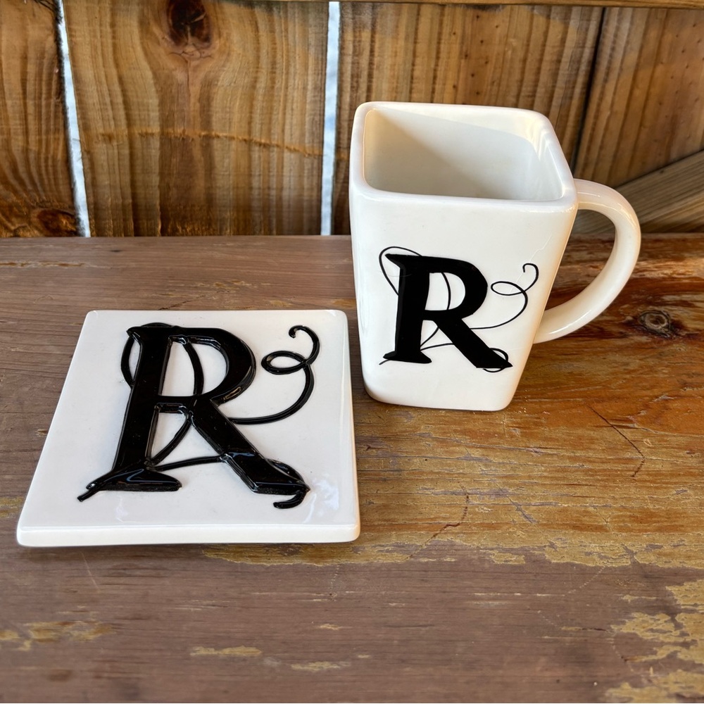 MWW Market Set White Square Coffee Mug & Tile with Raised Initial R in Black